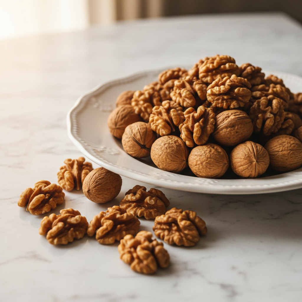 Whole Shelled Walnuts on Plate